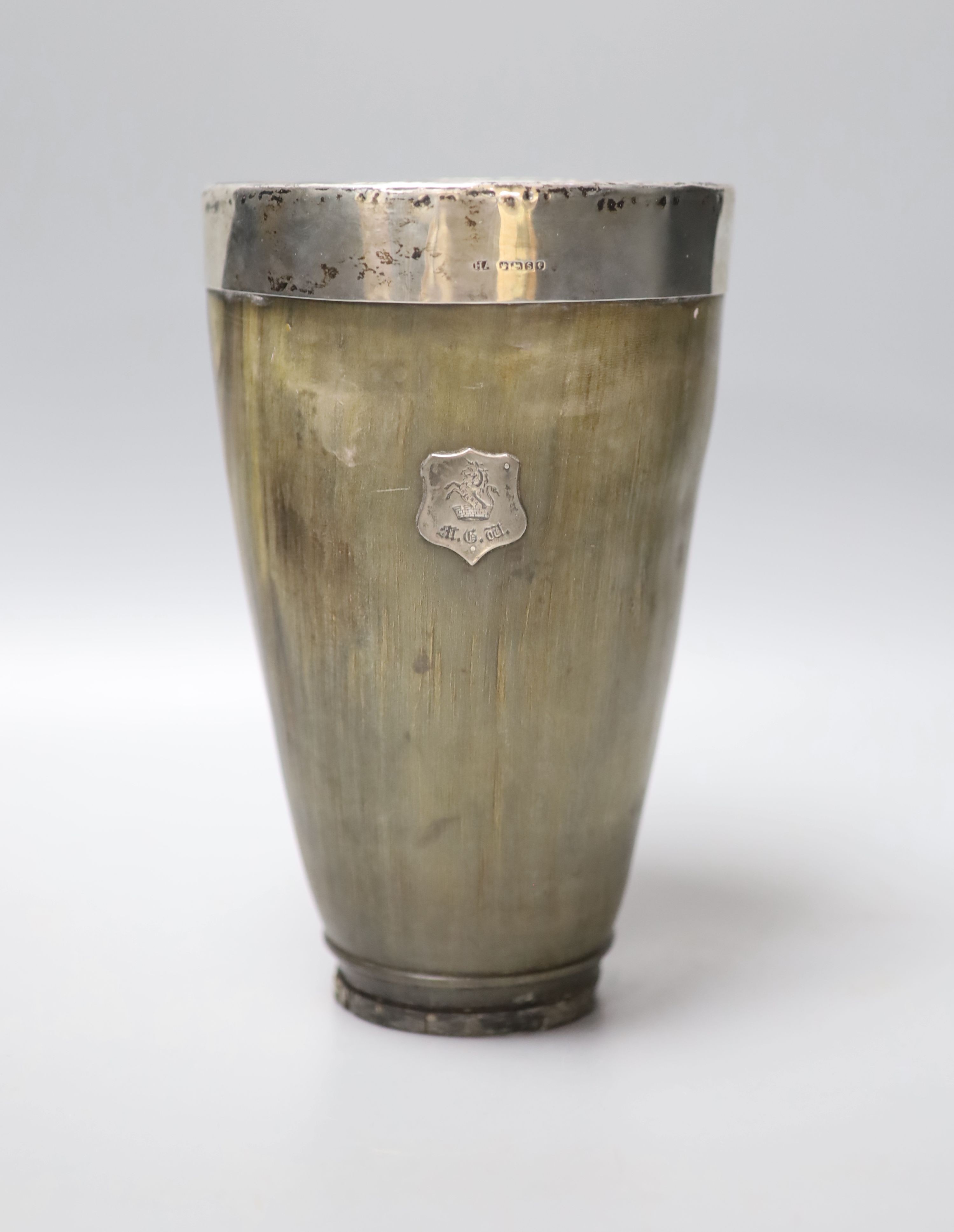 A Victorian oversized silver mounted horn beaker 21.5cm, Atkin Brothers, Sheffield, 1885.